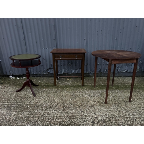 51 - Oak table with drawer, circular oak table and a repro mahogany table