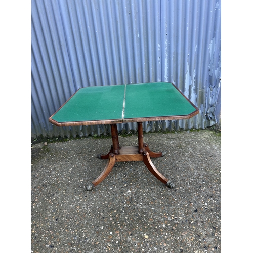 65 - A Victorian mahogany card table with fold over top and green baize playing surface