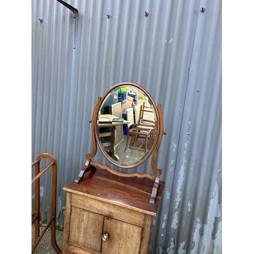 74 - A Victorian mahogany nightstand together with airer, and two mahogany swing mirrors