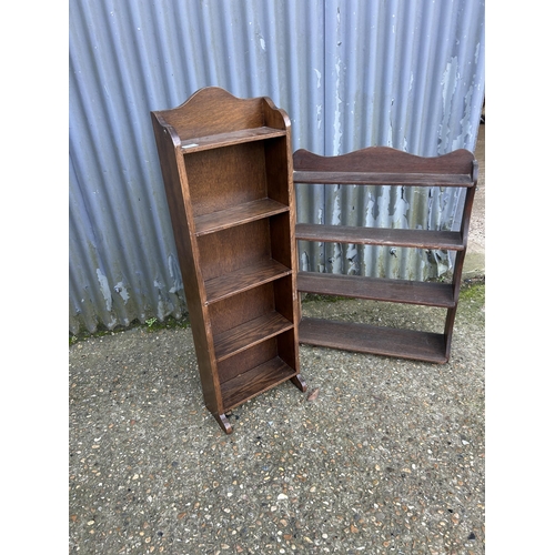 76 - Slim oak bookcase together with an oak open book rack