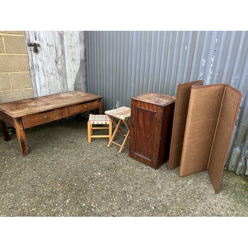 77 - A hardwood two drawer coffee table, bedside, screen and two stools