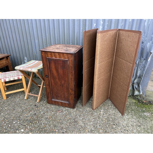 77 - A hardwood two drawer coffee table, bedside, screen and two stools