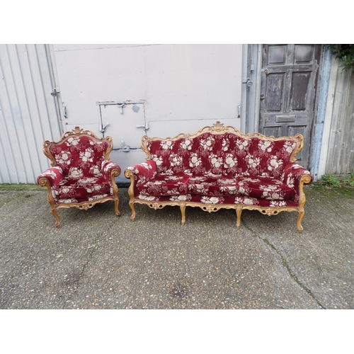 13 - A French style rococo red pattern sofa with two matching armchairs (see all pics)