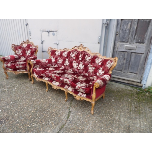 13 - A French style rococo red pattern sofa with two matching armchairs (see all pics)