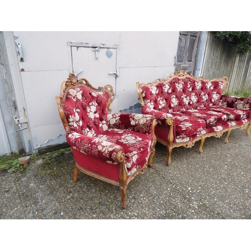 13 - A French style rococo red pattern sofa with two matching armchairs (see all pics)