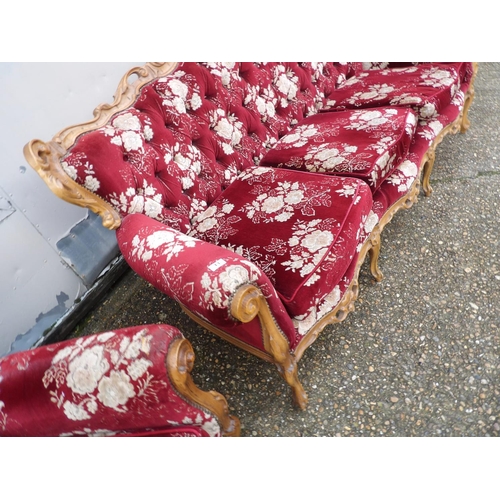 13 - A French style rococo red pattern sofa with two matching armchairs (see all pics)