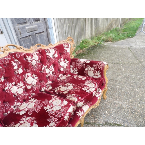 13 - A French style rococo red pattern sofa with two matching armchairs (see all pics)