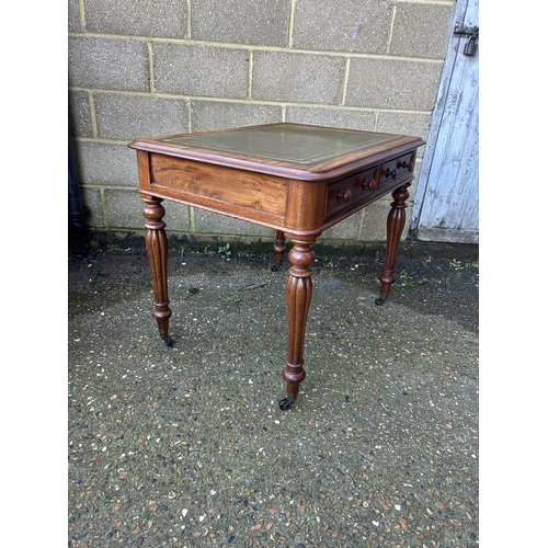 1 - A Victorian mahogany two drawer writing table with green leather top   92x70x74