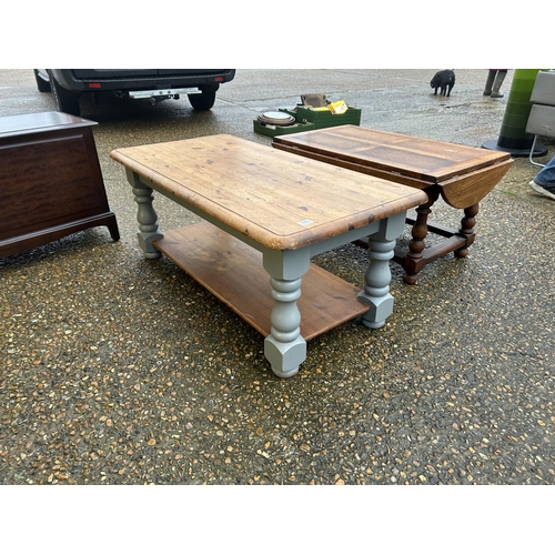 179 - A painted pine coffee table, an oak coffee table and a stag blanket box