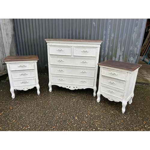 208 - A French style white painted chest of five drawers together with matching pair of bedsides