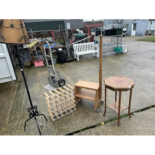 259 - Iron lamp, pine hop up, wine rack and mahogany table