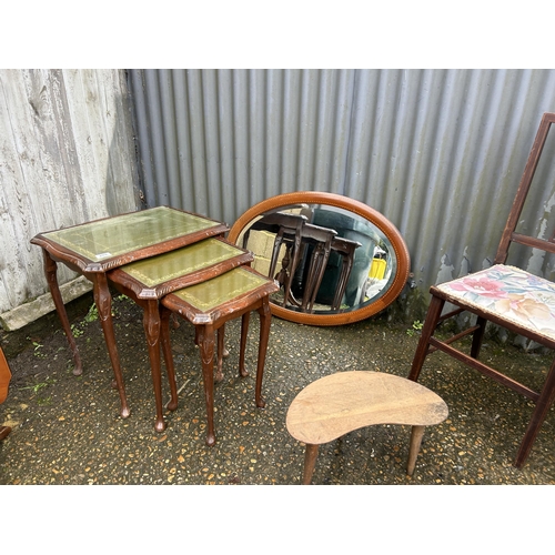 289 - Nest of three, mahogany mirror, two mahogany chairs, two stools and a tilt top table