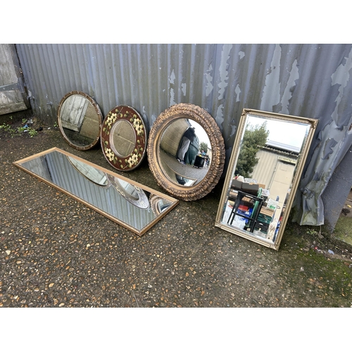 292 - Two brass framed mirrors, two ornate gold gilt mirrors and a painted mirrors