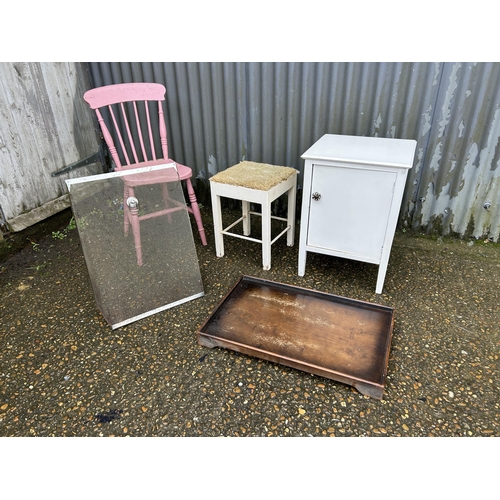 293 - Pink painted chair, painted bedside, stool, tray and fire guard