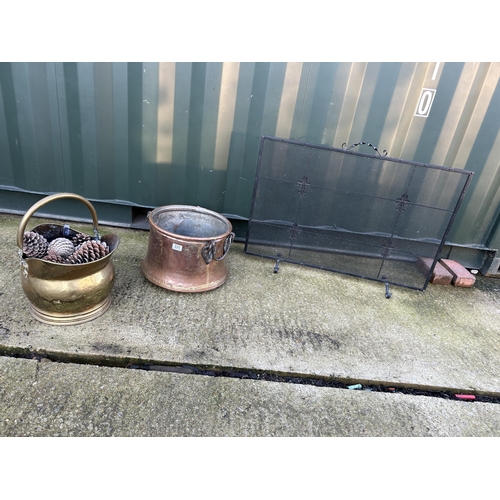 331 - A copper log bucket, a brass coal bucket and a iron fire guard