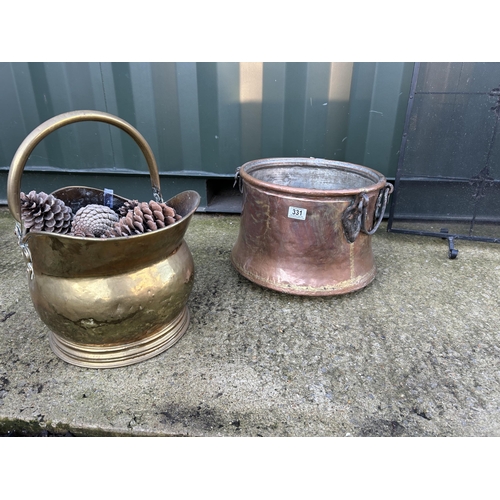 331 - A copper log bucket, a brass coal bucket and a iron fire guard