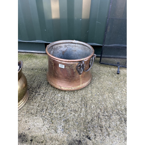 331 - A copper log bucket, a brass coal bucket and a iron fire guard