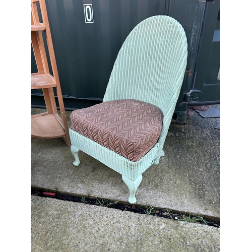 341 - A Lloyd loom bedroom chair, a corner bookshelf, a folding screen and a pine coffee table