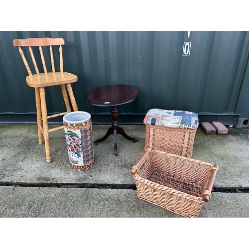 347 - Stool, mahogany occasional table and oriental stick stand