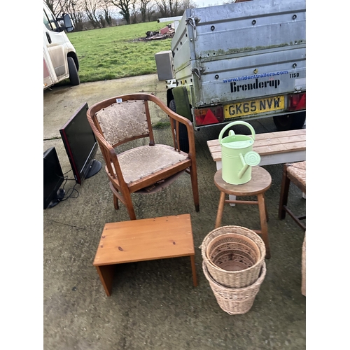 361 - Bow back chair, two Edwardian chairs, three stools, basket ware and shelf