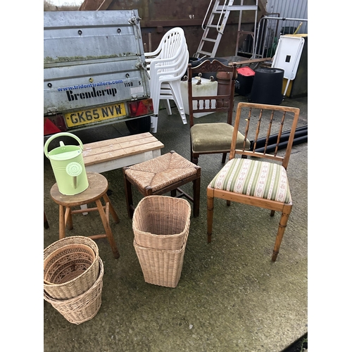 361 - Bow back chair, two Edwardian chairs, three stools, basket ware and shelf