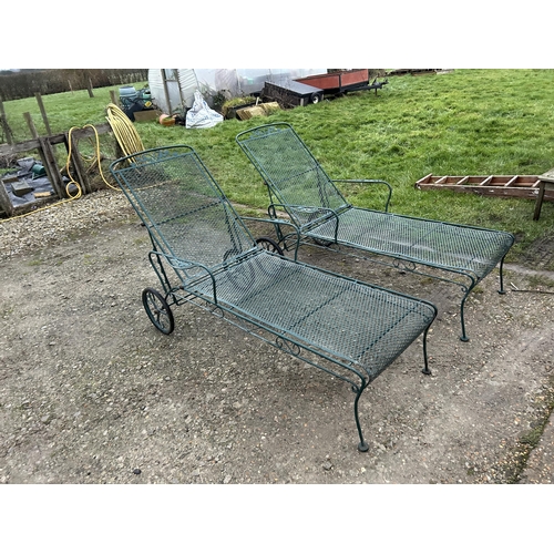 420 - A pair of vintage style green wirework sun loungers