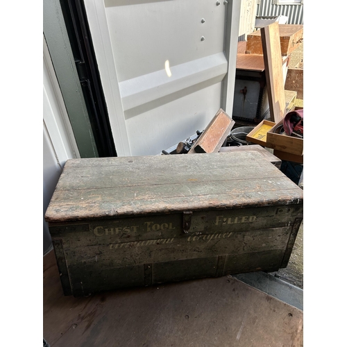 457 - Metal bound Carpenters Box, planes and tools, size 100 x 48 x 42 cms