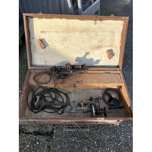 473 - Wooden box and two vintage manual lathes