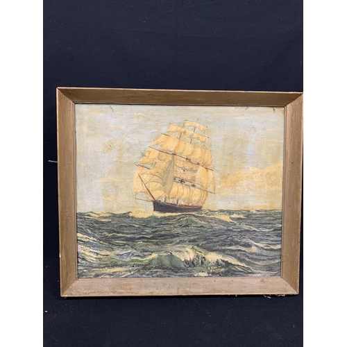 528 - Antique marine oil on canvas of sailing ship, 27 x 23cms