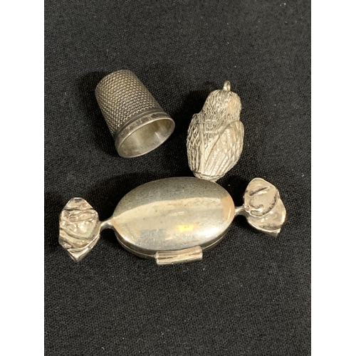 535 - Hallmarked silver and marcasite sweets pill box, silver owl pendant and silver thimble