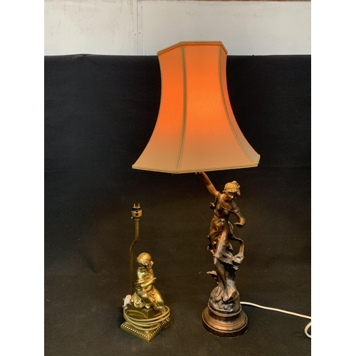 545 - Bronze lady figure lamp, overall height with shade 77cms and brass girl lamp base,