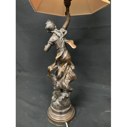 545 - Bronze lady figure lamp, overall height with shade 77cms and brass girl lamp base,