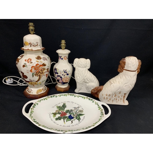 553 - 2 oriental lamp bases, 2 Staffordshire dogs, tallest 32cms and Portmeirion The Holly and the Ivy pla... 