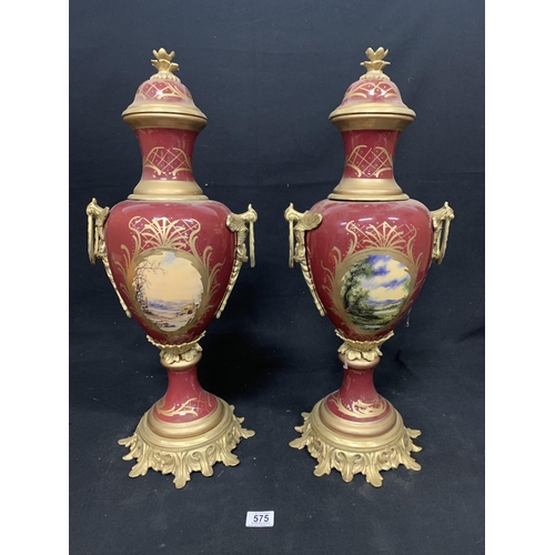 575 - Pair Sevres style urns with lids, height 74cms