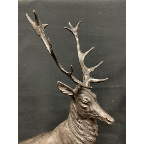 681 - Pair of Heavy Bronze Stags on marble bases with signature, height 77 cms