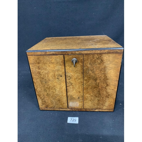 729 - Walnut Collectors cabinet fitted with two drawers, with Bramah Lock and key, 29 x 23 x 25 cms