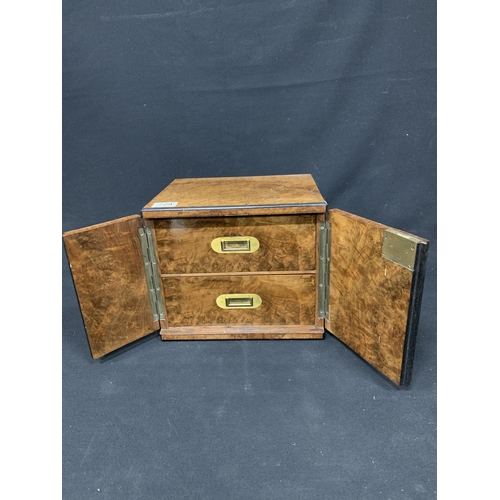 729 - Walnut Collectors cabinet fitted with two drawers, with Bramah Lock and key, 29 x 23 x 25 cms