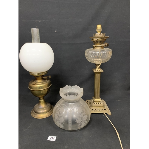 734 - Two Brass Oil Lamps, one electrified, font cracked