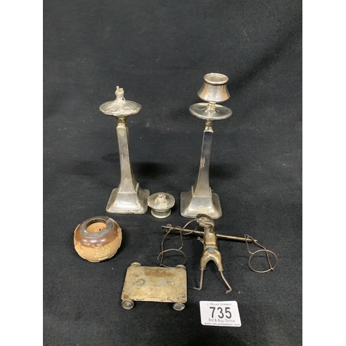 735 - Pair of hallmarked Silver candlesticks a/f, height 20 cms, silver rimmed Doulton pot, white metal Ch... 