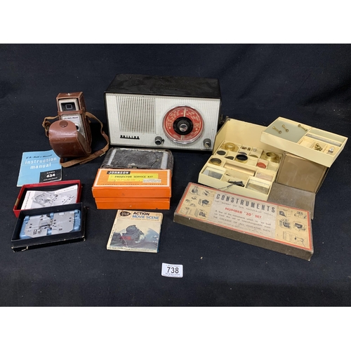 738 - Philips Mains Radio, Bell & Howell Camera and one other, Construments Hobby Set,