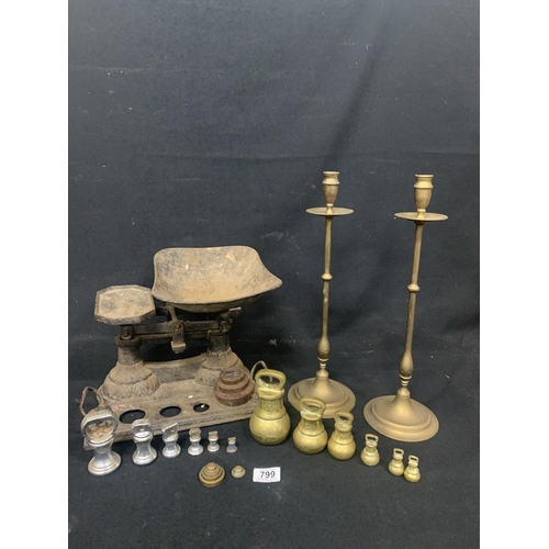 799 - Pair of brass candlesticks, Victorian scales and assorted weights