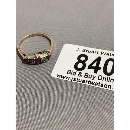 840 - Unmarked Gold Five stone Ruby and Diamond Ring, size P, weight 2.3 gms