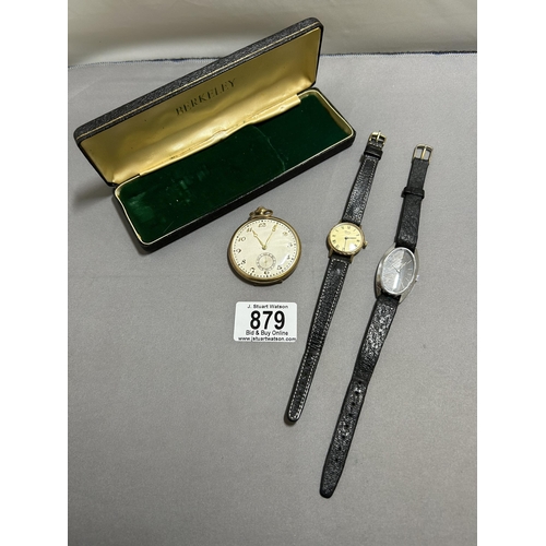 879 - Cyma Rolled Gold Pocket Watch, Tissot Wristwatch and Ladies Berkeley 9ct Gold Watch