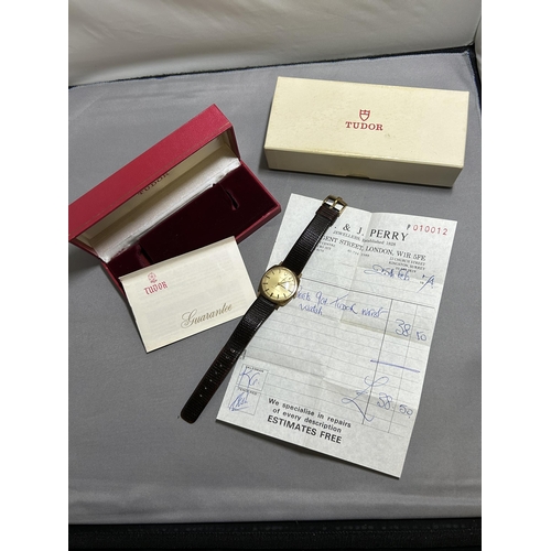 881 - Gents 9ct Gold Tudor Shock Resisting Wristwatch, with original purchase receipt dated 1974 and box, ... 