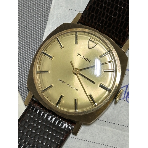 881 - Gents 9ct Gold Tudor Shock Resisting Wristwatch, with original purchase receipt dated 1974 and box, ... 