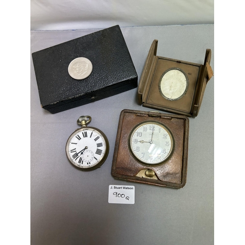 900q - Goliath Pocket Watch and Desk Clock both a/f, Jewell Box & Leather miniature Frame