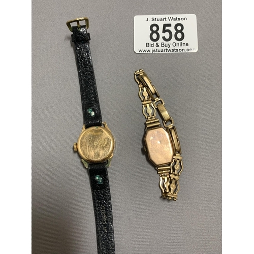 858 - Ladies 9ct Gold Watch on rolled Gold strap and Ladies 18ct Gold Onsa Watch on leather strap