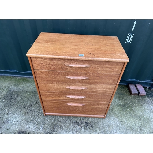 338 - A teak tallboy chest of five drawers 80x43x94