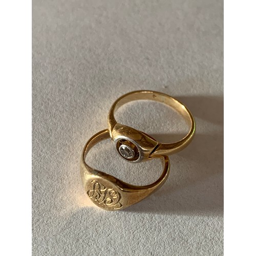 874 - Hallmarked 9ct Gold Signet Ring, size H, weight 2.3 gms and an unmarked Gold Solitaire Ring, size I,... 