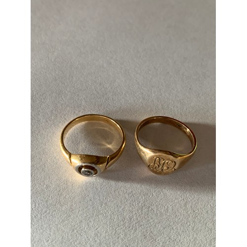 874 - Hallmarked 9ct Gold Signet Ring, size H, weight 2.3 gms and an unmarked Gold Solitaire Ring, size I,... 